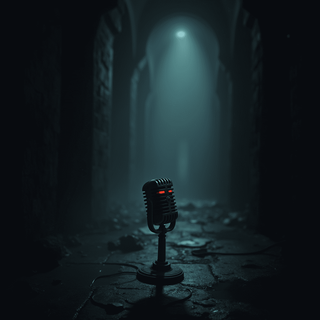 microphone in the gloomy corridor of Darkest Dungeon, symbolizing Wayne Jun's voice and the atmosphere of the game