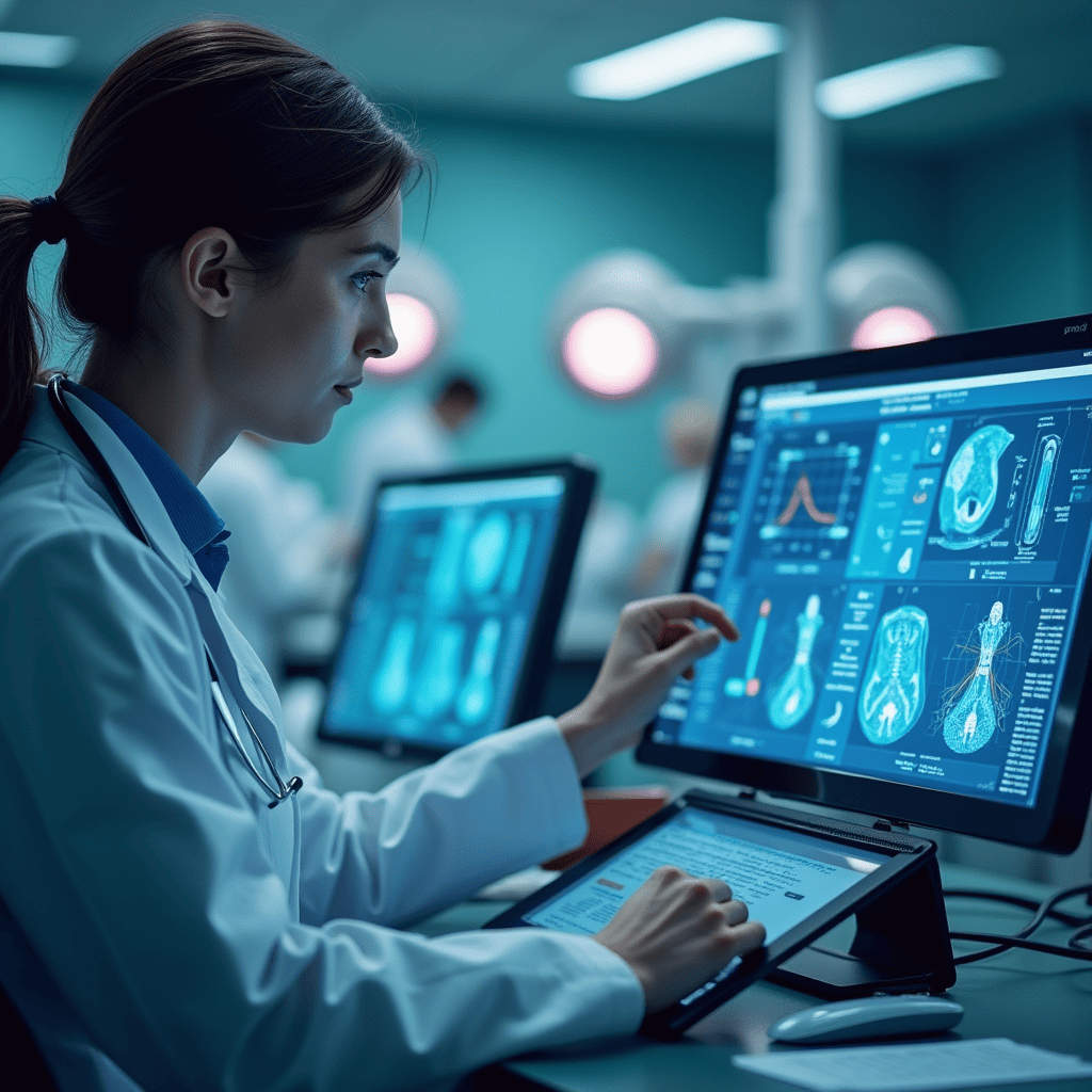 a doctor uses artificial intelligence to analyze medical data on a device screen in a hospital setting