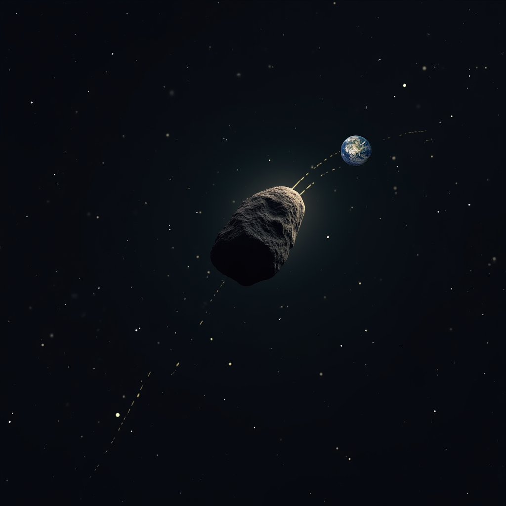 an asteroid flying through space with an orbital trajectory and Earth in the background