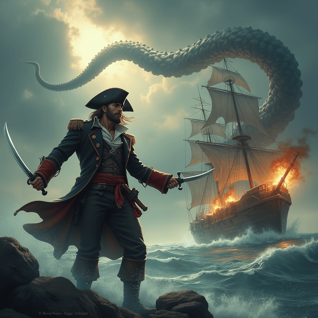 the captain stands on the shore watching his ship engage in a fiery battle, firing cannonballs at the Kraken's giant tentacle