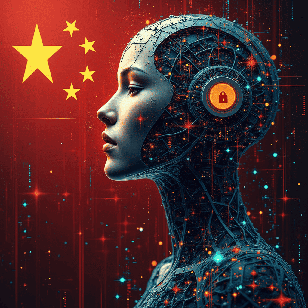 the robot face on the right and the Chinese flag on the left, symbolize DeepSeek's AI and its connection to China