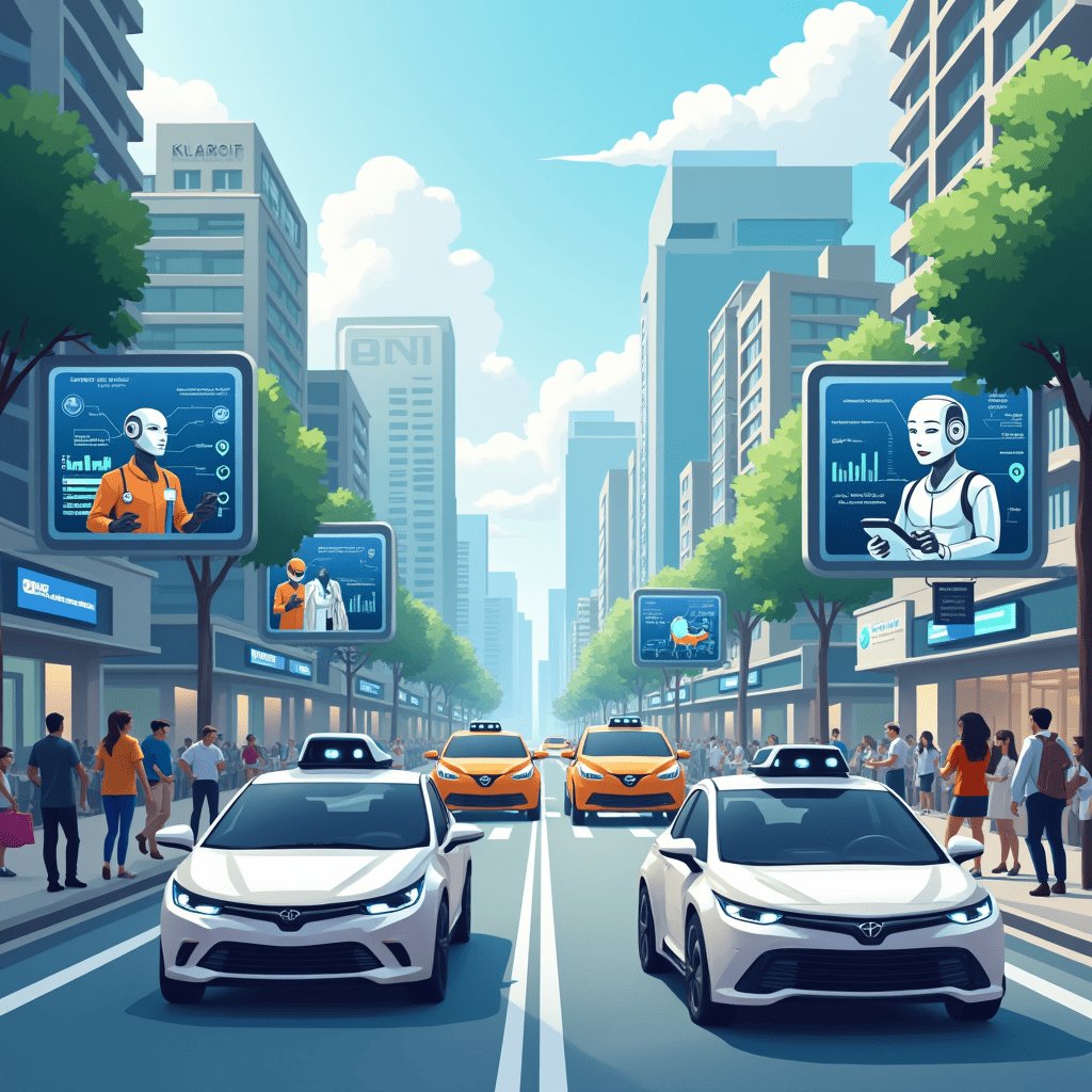 the city of the future with integrated AI technologies in healthcare, transportation, retail, and education