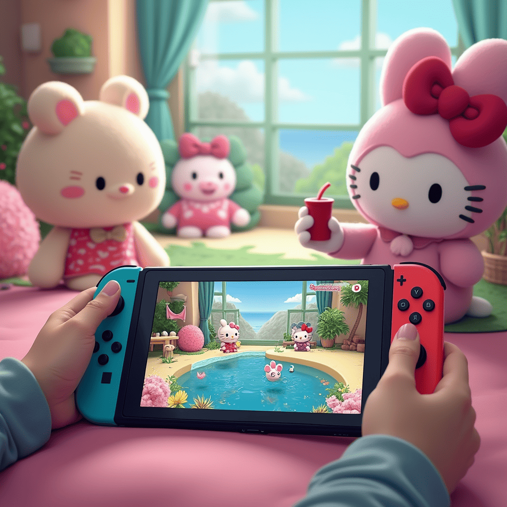 the child holds a Nintendo Switch with Hello Kitty Island Adventure gameplay in their hands