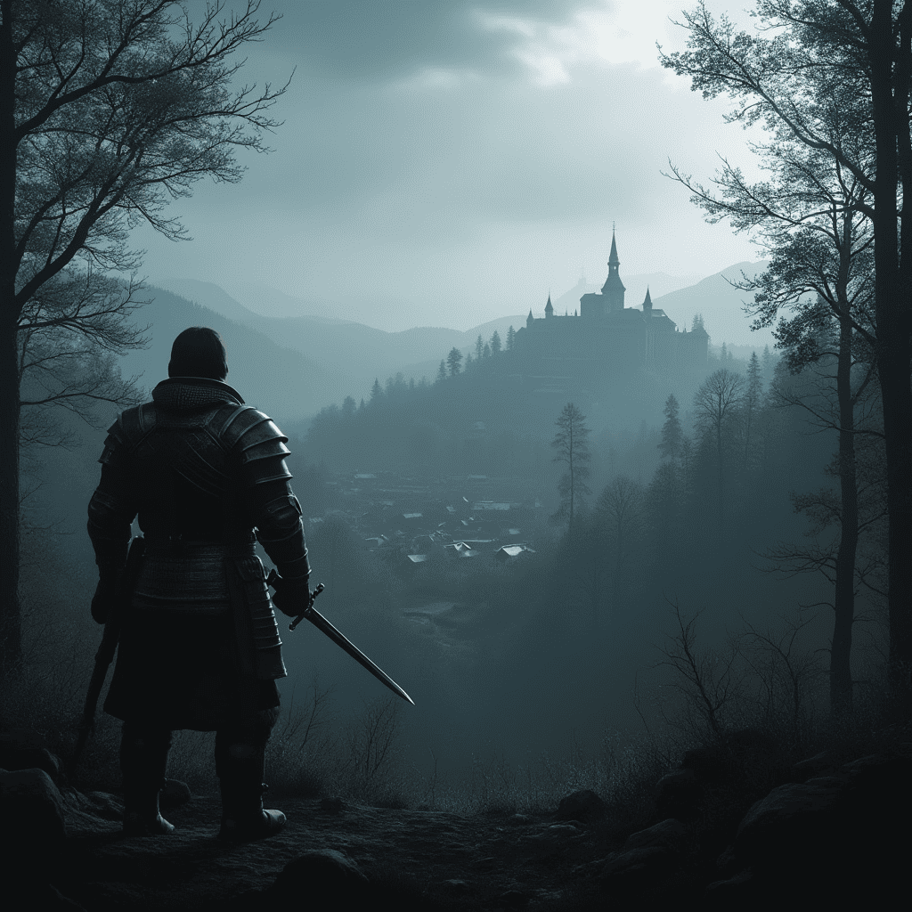 the hero of Kingdom Come: Deliverance 2, in armor, against the backdrop of an open world with forests, villages, and a historical city reflecting the atmosphere of the Middle Ages