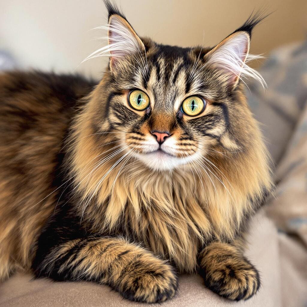 Maine Coon lying down with a relaxed and calm expression on his face