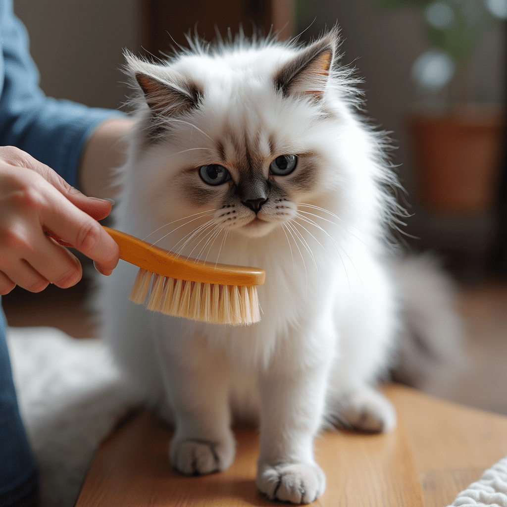 the owner combs the Ragdoll, taking care of its coat