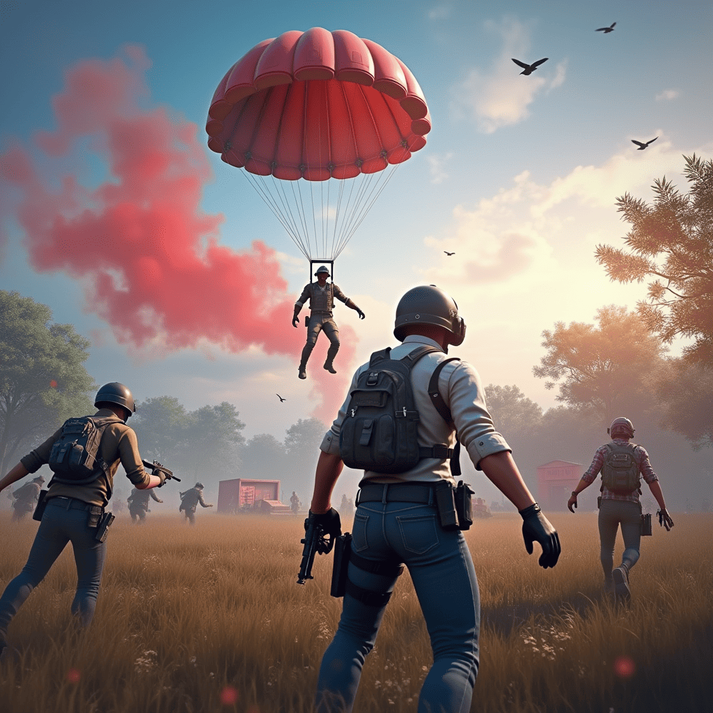 players parachute down to an island in PUBG Mobile, fighting for survival and rare items