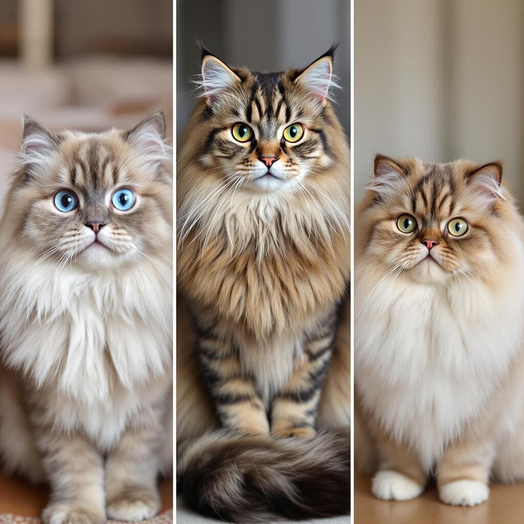 Ragdoll with blue eyes and silky coat, Maine Coon with luxurious coat and majestic tail, Persian cat with round face and long coat, standing side by side