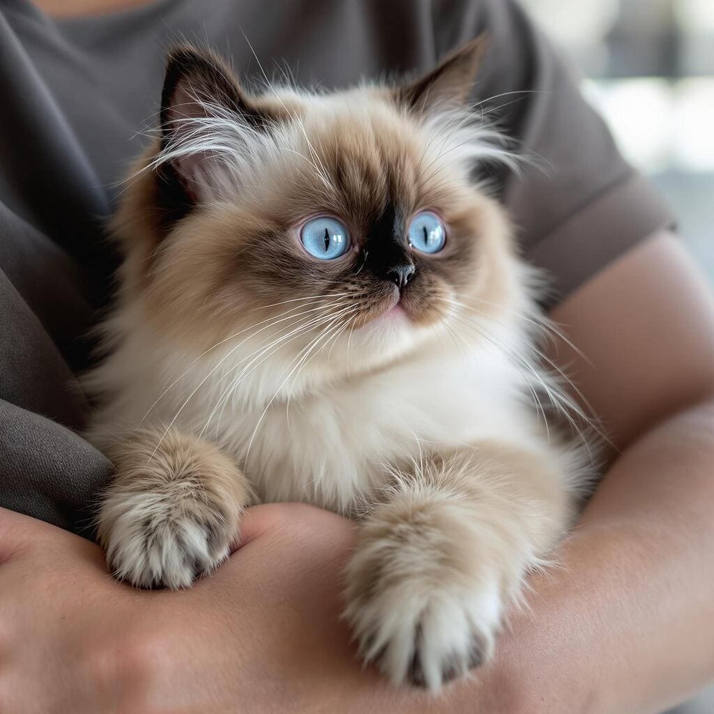 a Ragdoll with blue eyes sits on the arms in a relaxed pose