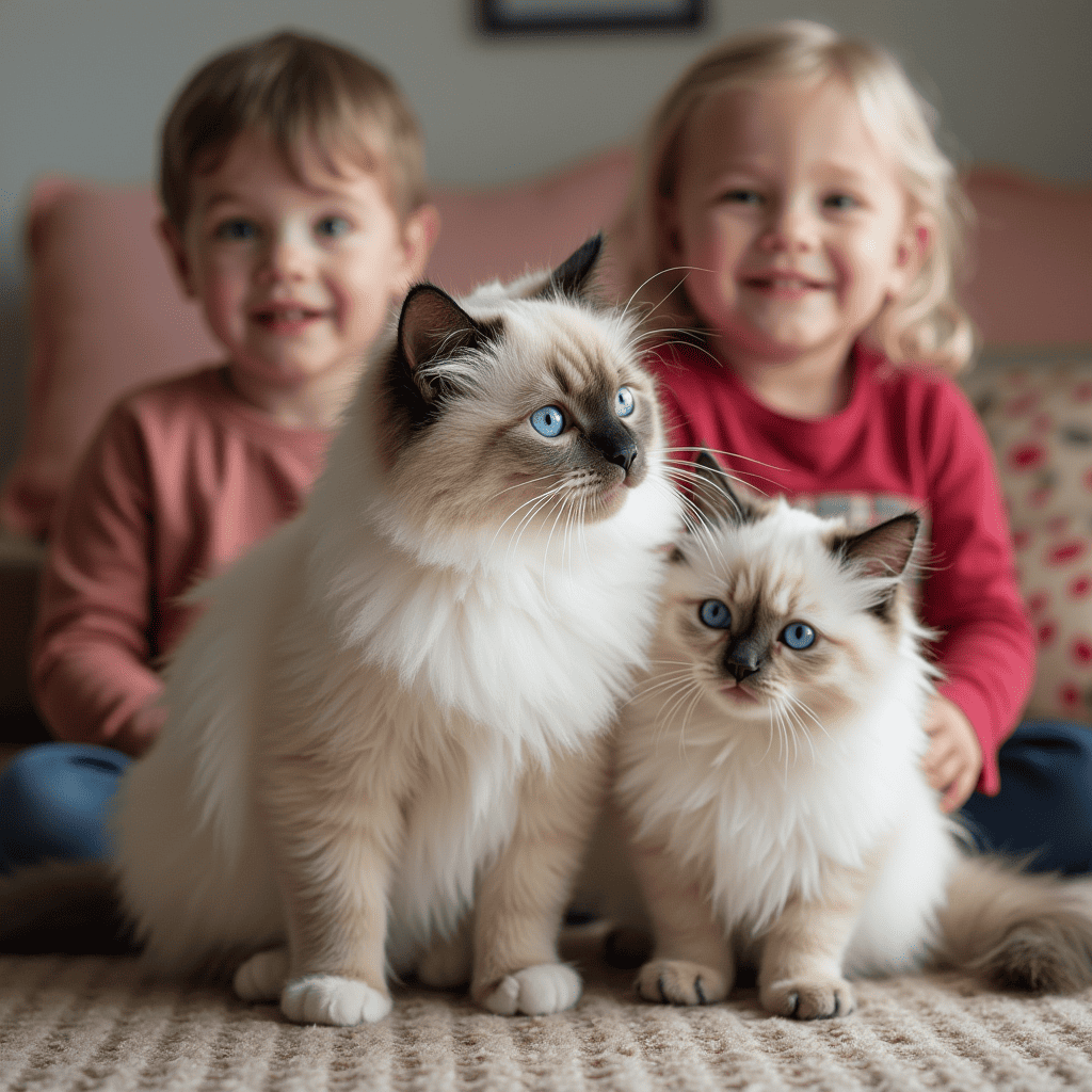 a Ragdoll sits next to children and another pet, showing its friendly nature