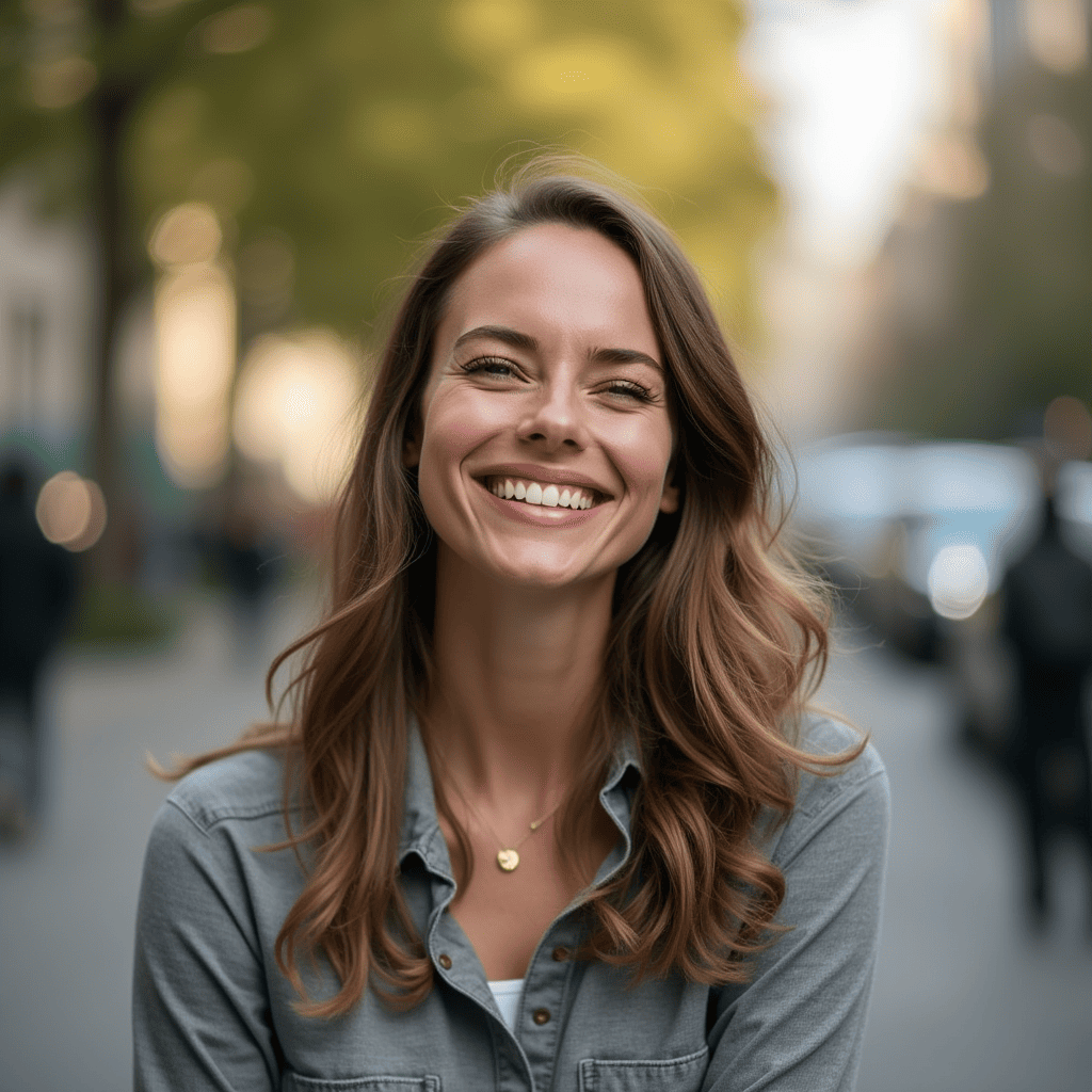 a woman smiling on the street, her smile expresses happiness and confidence