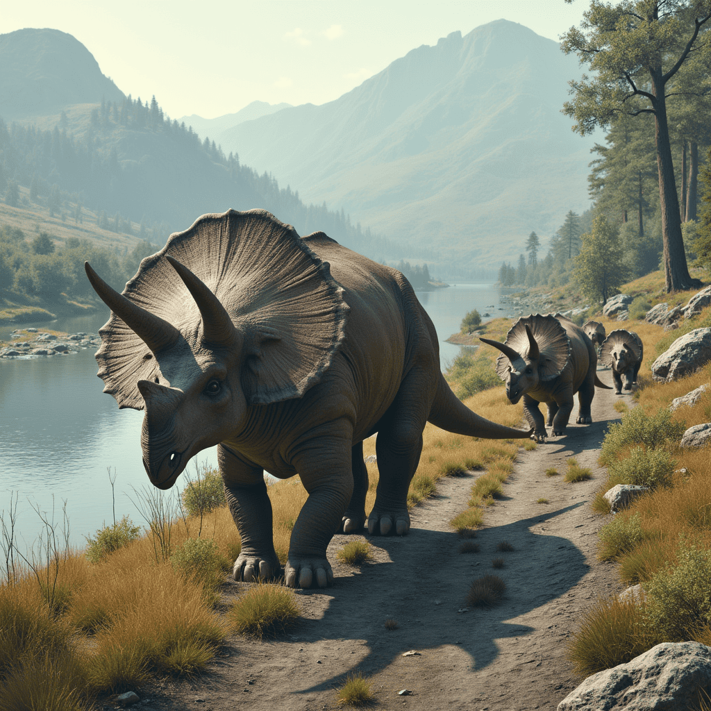 a herd of Triceratops moving along the banks of a river in a Late Cretaceous valley with vegetation and a body of water