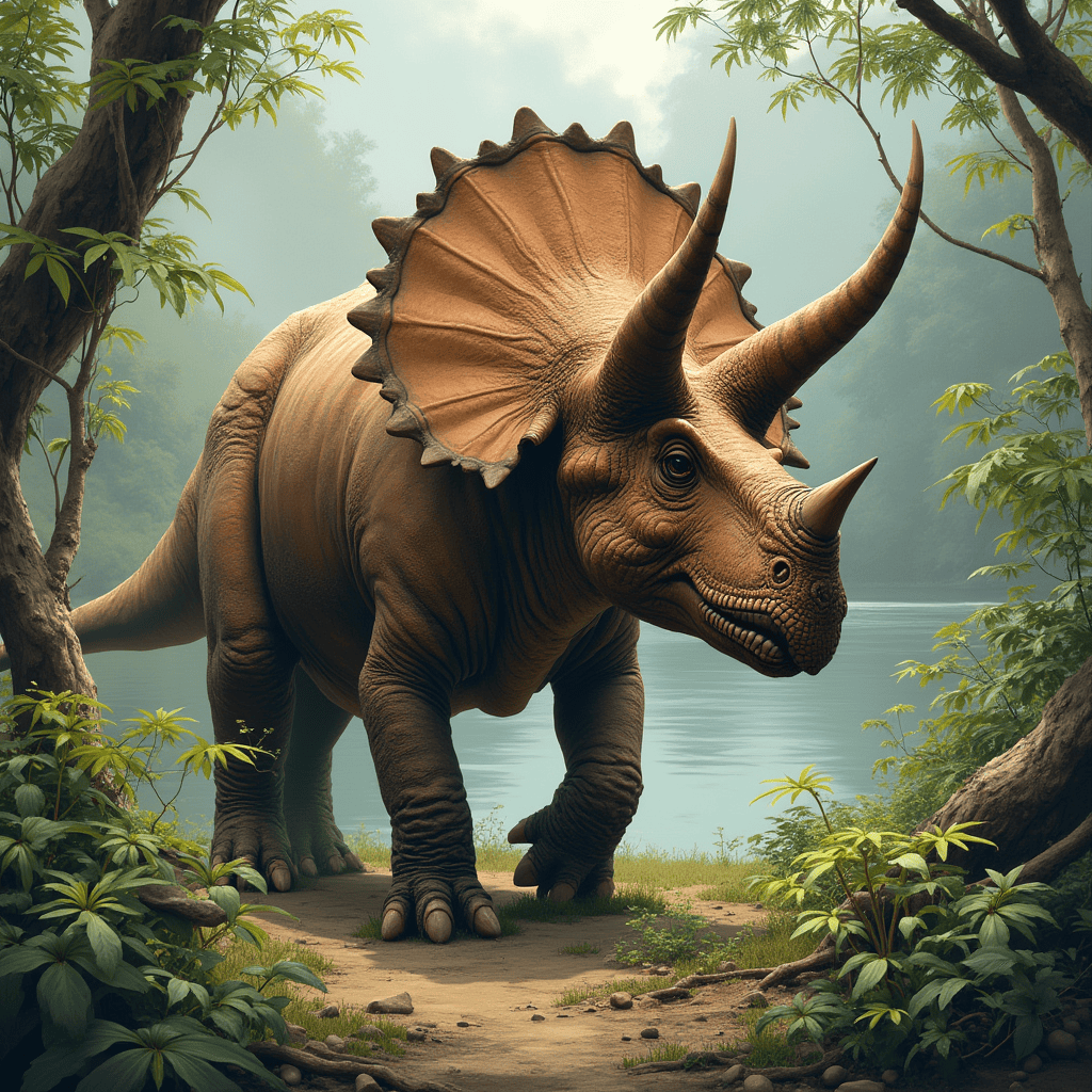 Triceratops in its natural habitat, among ferns and shrubs of the Late Cretaceous period, with a river in the background