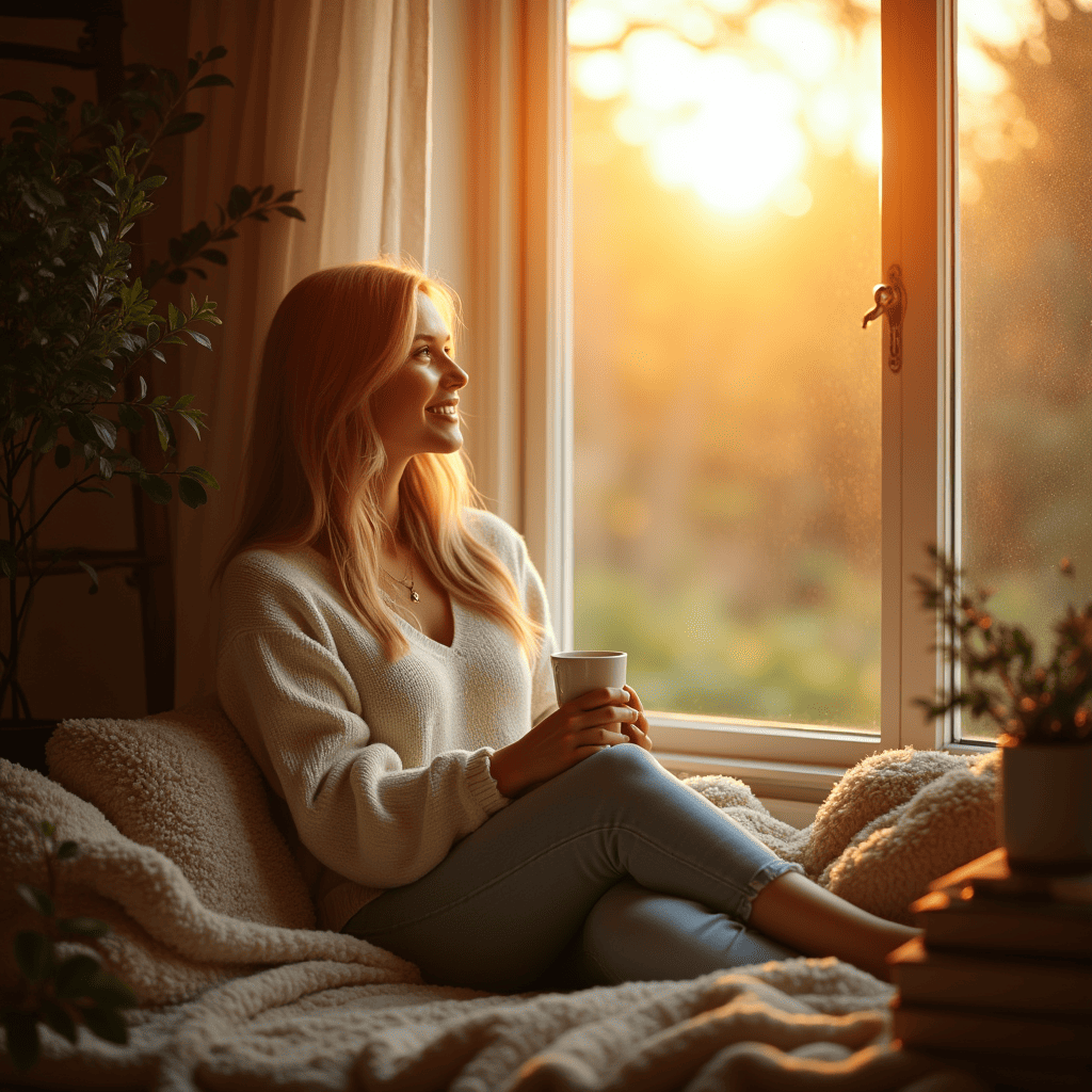 a woman enjoying coziness with a cup of tea symbolizes inner harmony and a positive perception of life