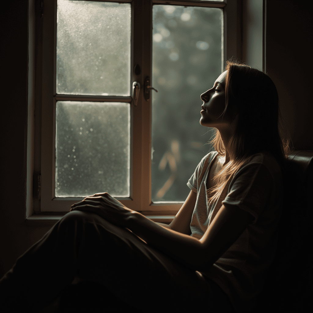a woman sitting at the window, pensively looking at the light penetrating through the fog, symbolizing the search for hope in the dark moments of life